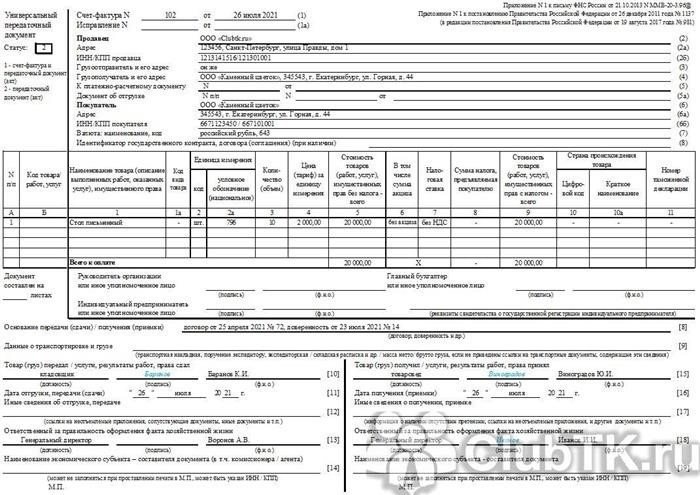 Основные поля УПД со статусом 2: